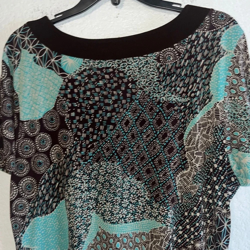 Elementz Womens‎ V-Neck Geometric Print Empire Waist Dress Brown Teal Large Y2K - Picture 10 of 11